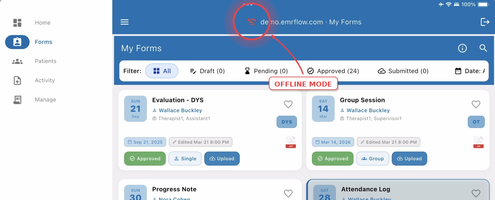 EMRFlow app running in offline mode with cached forms