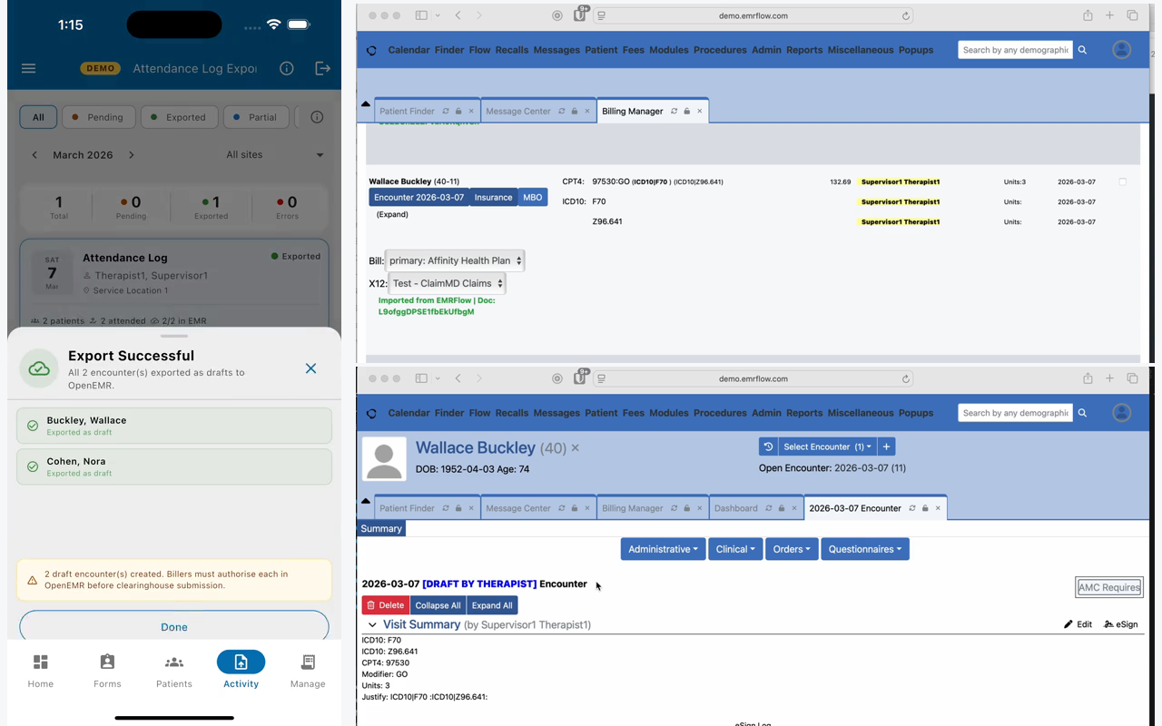 Left: EMRFlow's Export Successful sheet listing two patients exported as drafts. Right: the EHR's billing manager showing an encounter marked Imported from EMRFlow, and the encounter page labeled Draft by Therapist with ICD-10 codes F70 and Z96.641 and CPT 97530.