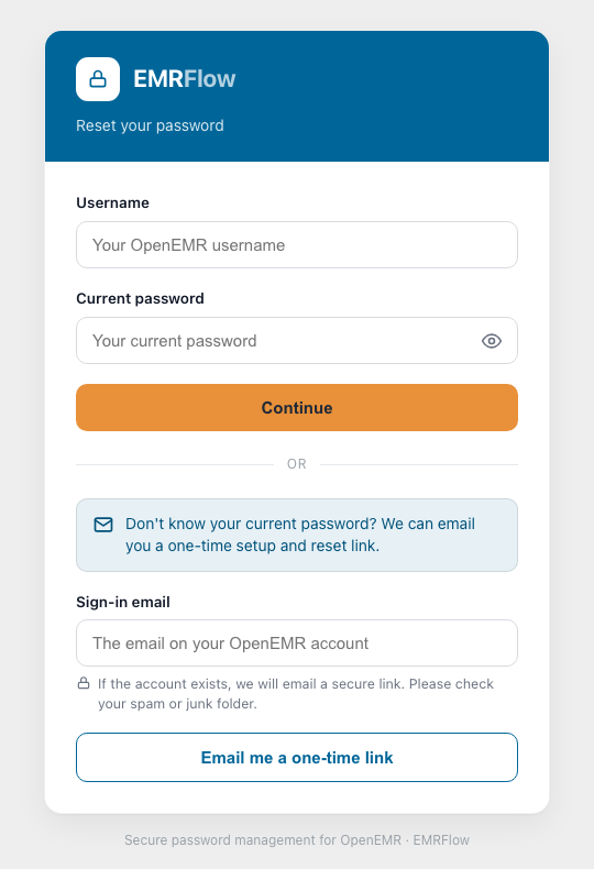 The reset page as installed: username and current password on top, and below it the one-time email link for anyone who does not know their password