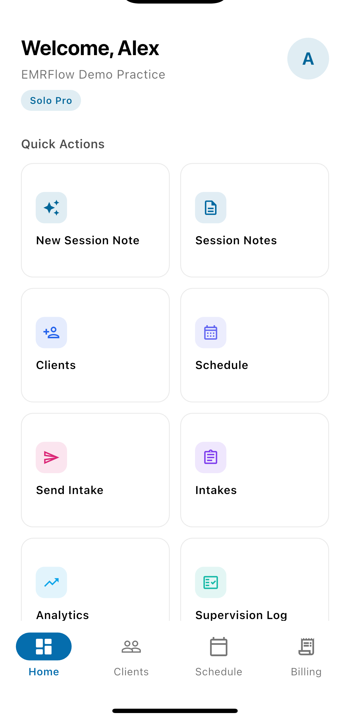 The Solo Practice Home screen with the New Session Note and Session Notes quick actions