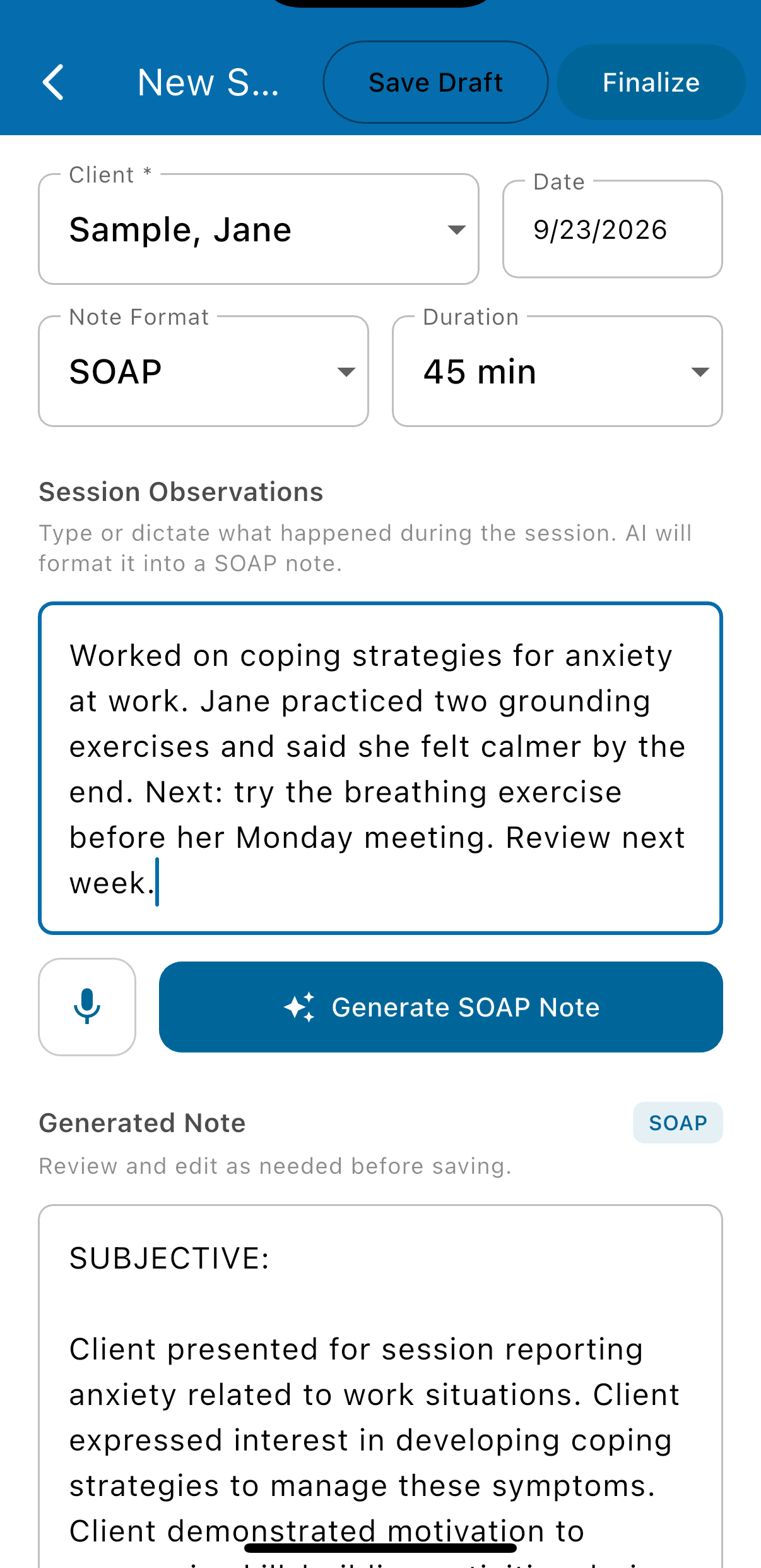 A new session note with the client, SOAP format, 45 minutes, a short description of the session, and the Generate SOAP Note button